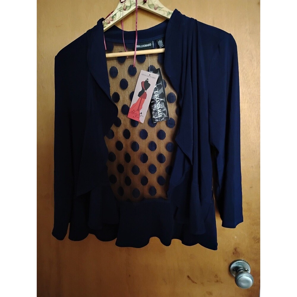 Nina Leonard Navy Blue Bolero Polka Dot Ruffle Hem Preppy Posh Cardigan Size L